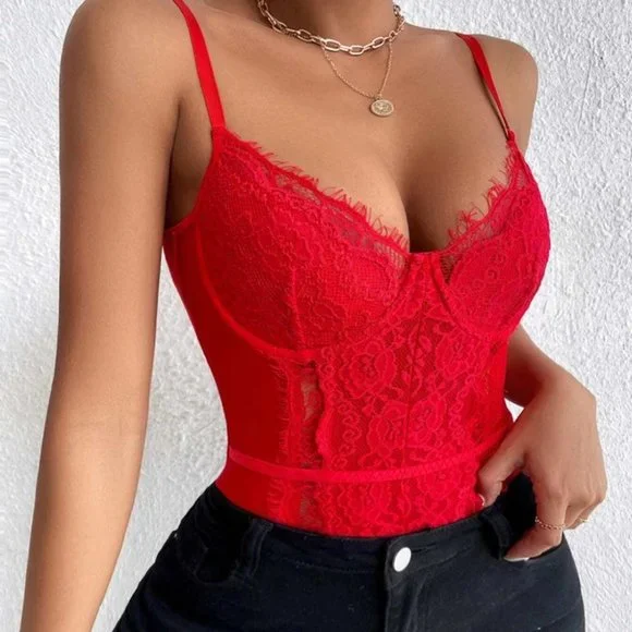 RED LACE BODYSUIT CHIC CLASSY SEXY - Picture 6 of 6